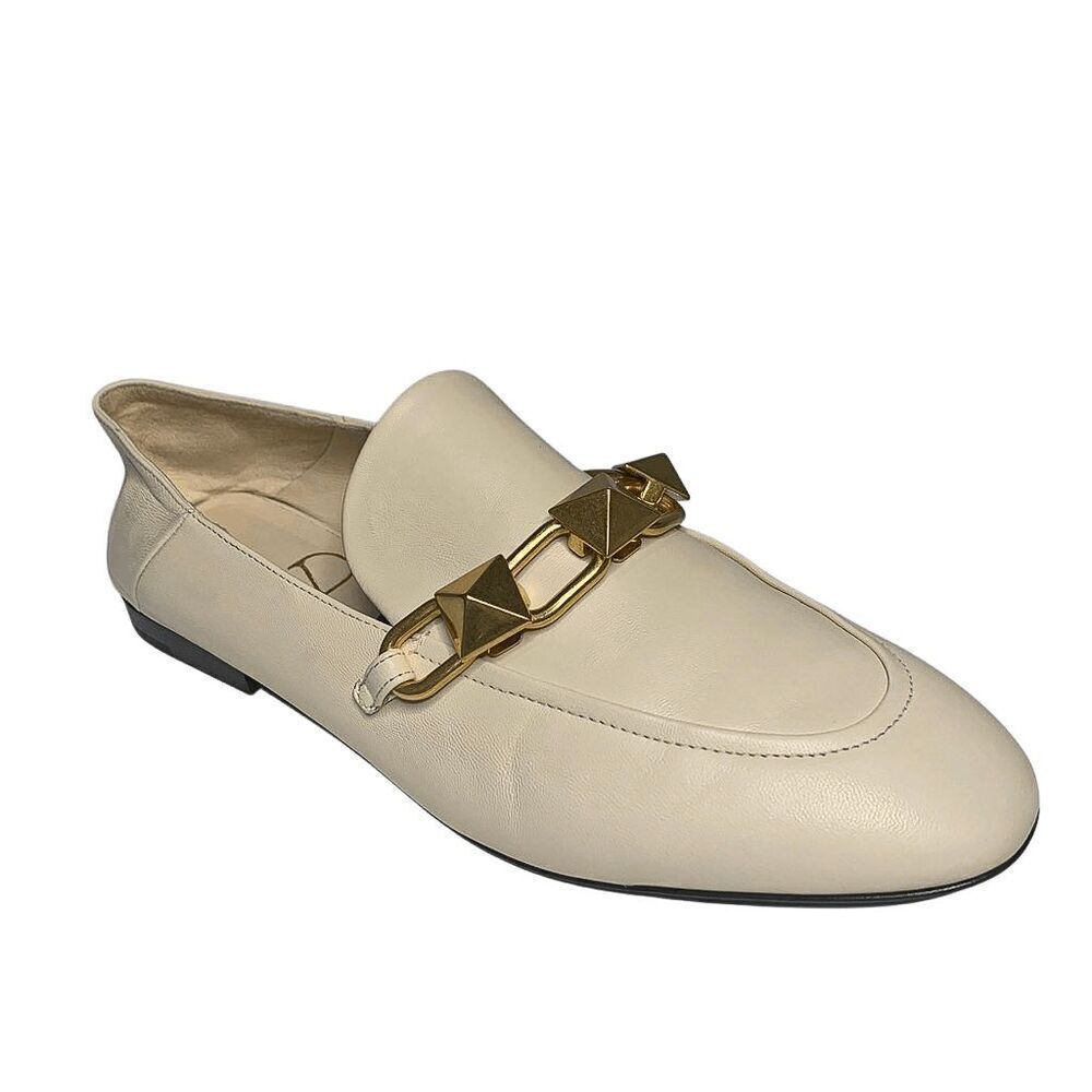 Valentino Garavani Gold Roman Stud Loafer EU 38 US 8 Ivory Slip On Flat Shoes